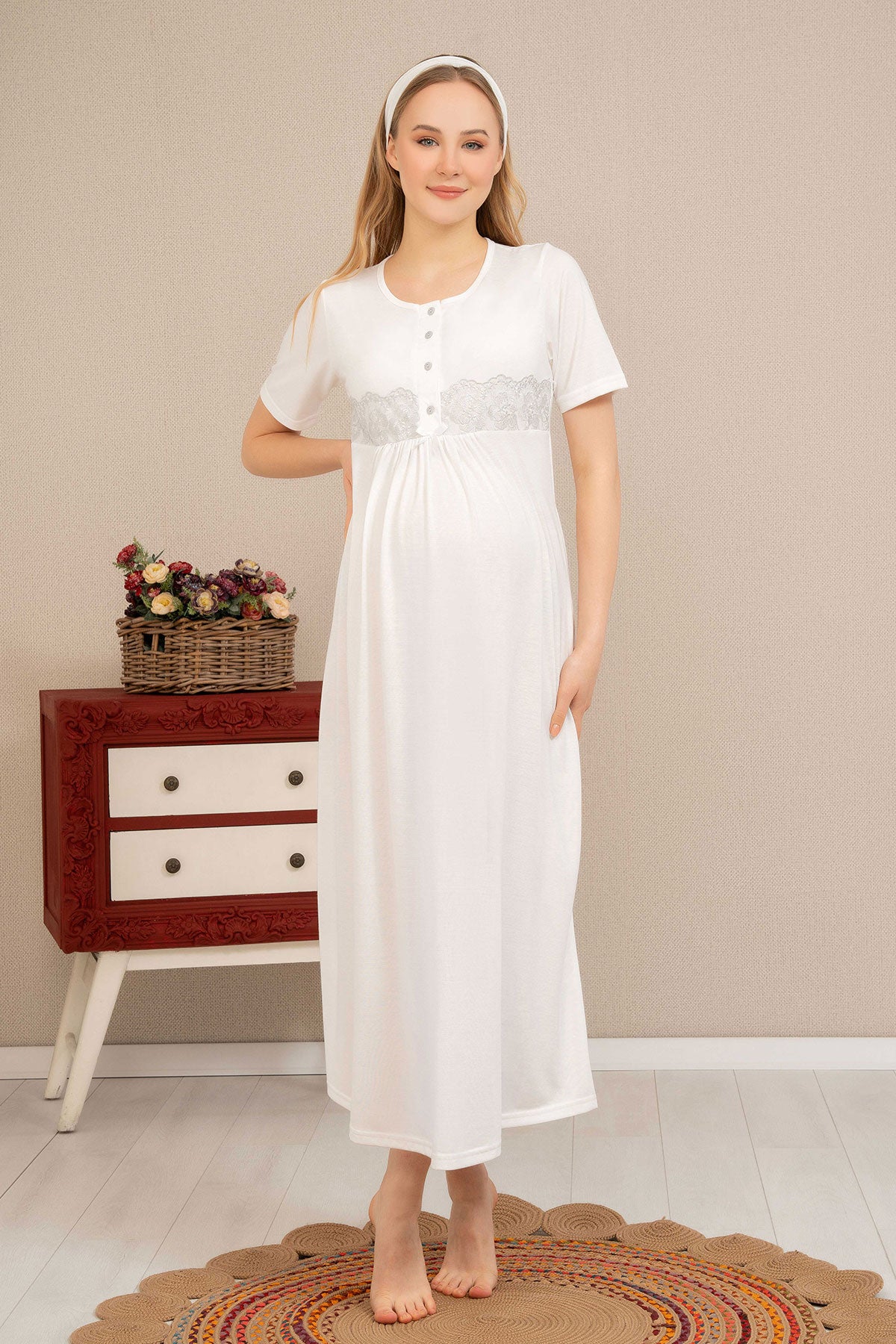 Guipure Maternity & Nursing Nightgown With Robe Grey - 4506