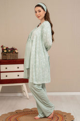 Lace Collar 3-Pieces Maternity & Nursing Pajamas With Patterned Jacquard Robe Green - 4507