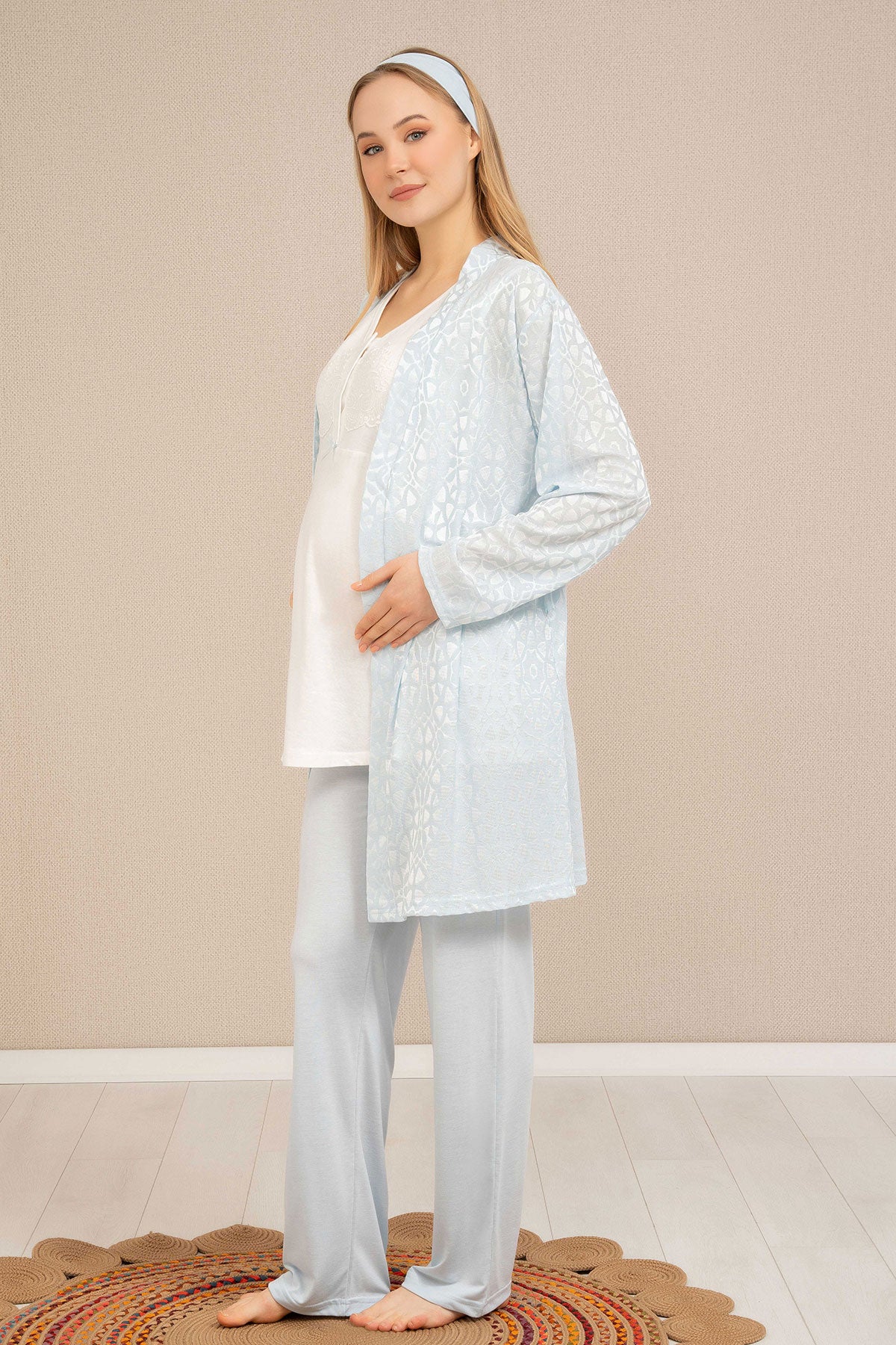 Lace 3-Pieces Maternity & Nursing Pajamas With Patterned Robe Blue - 4509