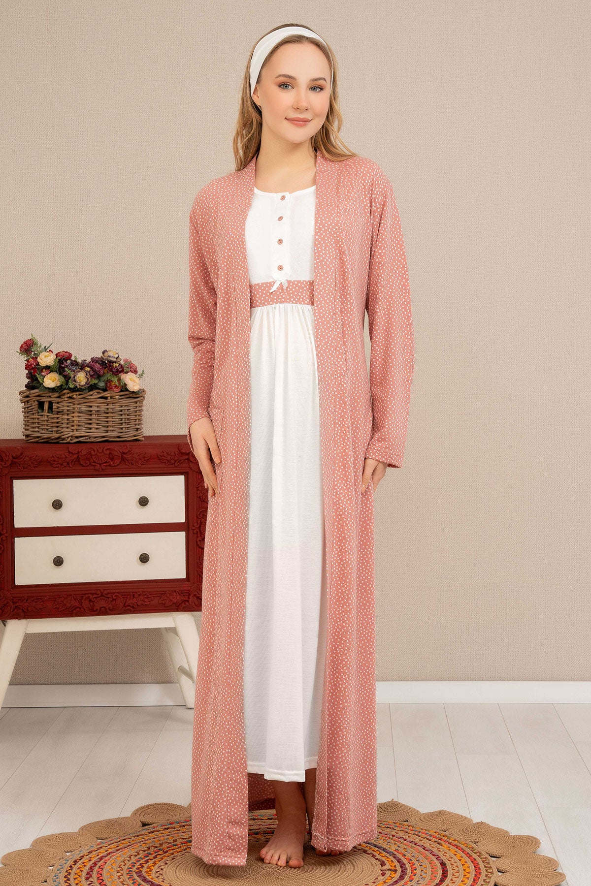 Maternity & Nursing Nightgown With Polka Dot Robe Dried Rose - 4512