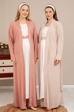 Maternity & Nursing Nightgown With Polka Dot Robe Beige - 4512