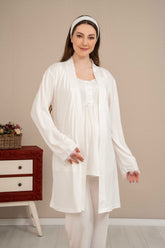Double Breast Feeding 3-Pieces Maternity & Nursing Pajamas With Lace Sleeve Robe Ecru - 4513