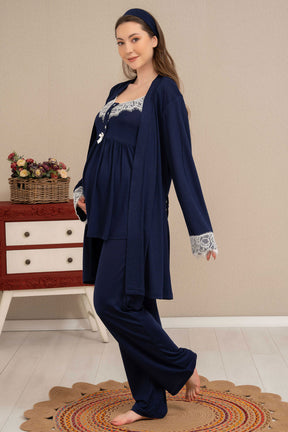 Double Breast Feeding 3-Pieces Maternity & Nursing Pajamas With Lace Sleeve Robe Navy Blue - 4513