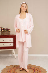Double Breast Feeding 3-Pieces Maternity & Nursing Pajamas With Lace Sleeve Robe Powder - 4513