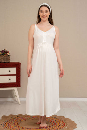 Double Breast Feeding Maternity & Nursing Nightgown With Lace Sleeve Robe Ecru - 4514