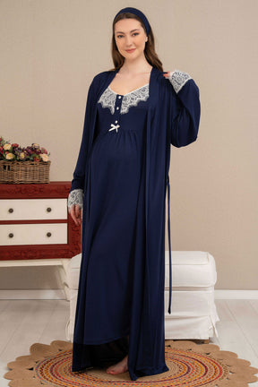 Double Breast Feeding Maternity & Nursing Nightgown With Lace Sleeve Robe Navy Blue - 4514