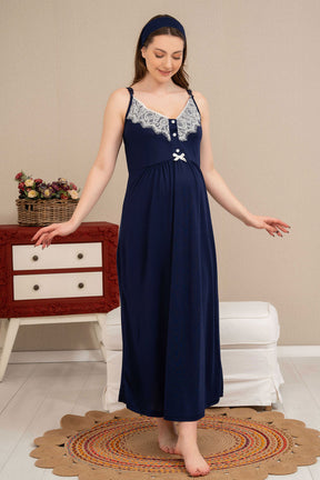 Double Breast Feeding Maternity & Nursing Nightgown With Lace Sleeve Robe Navy Blue - 4514