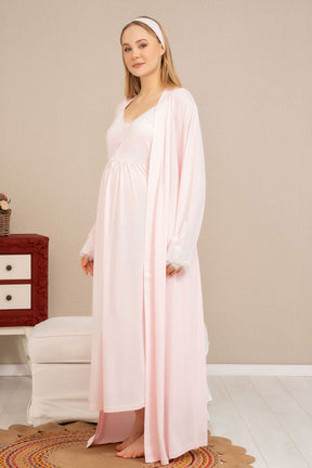 Double Breast Feeding Maternity & Nursing Nightgown With Lace Sleeve Robe Powder - 4514
