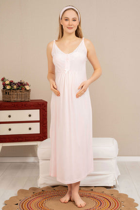 Double Breast Feeding Maternity & Nursing Nightgown With Lace Sleeve Robe Powder - 4514