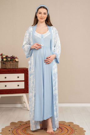 Lace Collar Maternity & Nursing Nightgown With Patterned Robe Blue - 4518