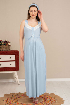 Lace Collar Maternity & Nursing Nightgown With Patterned Robe Blue - 4518