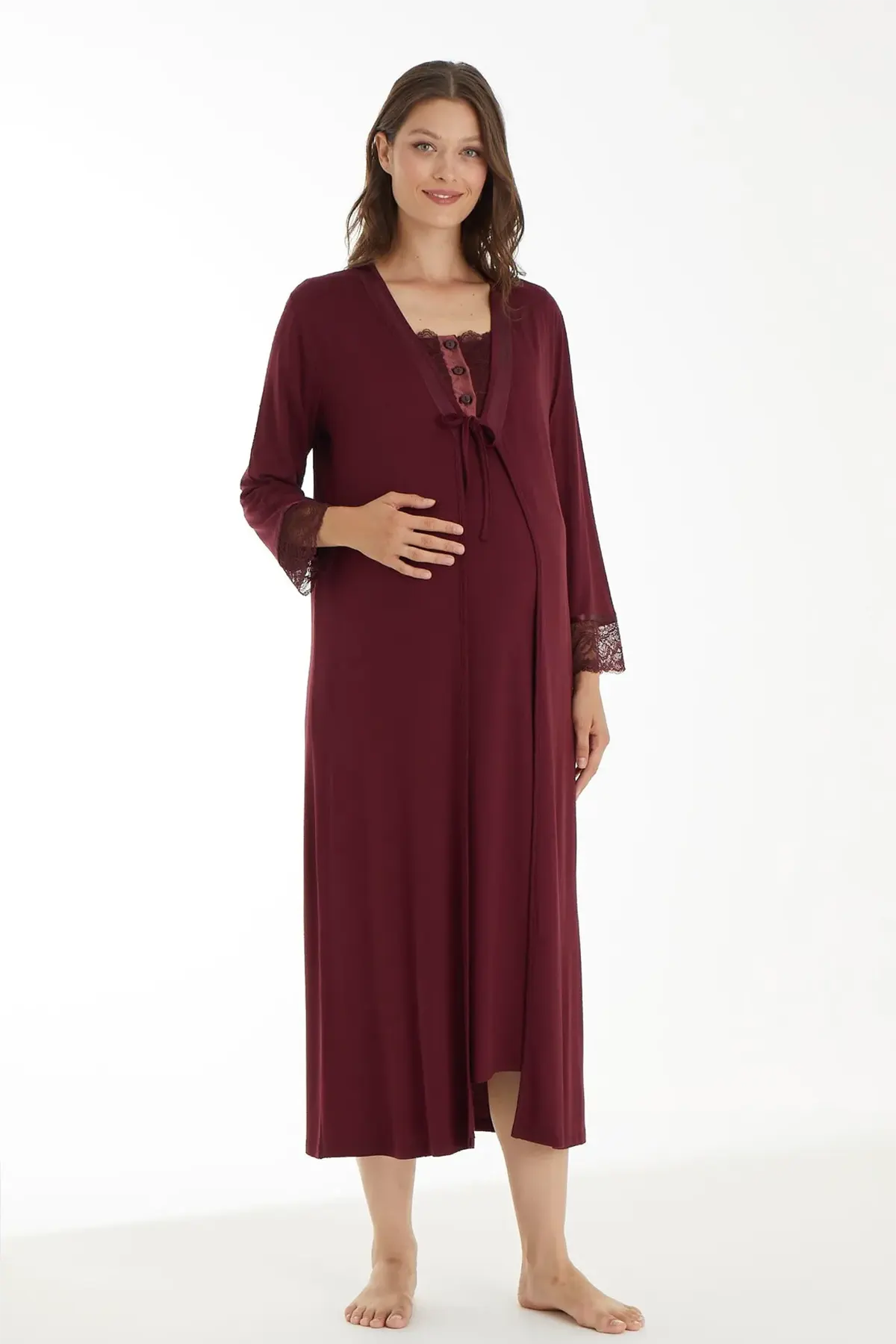 Lace Sleeve Maternity & Nursing Nightgown With Robe Claret Red - 4520