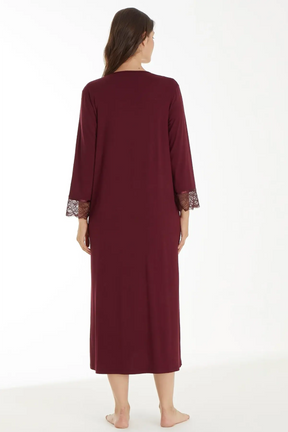 Lace Sleeve Maternity & Nursing Nightgown With Robe Claret Red - 4520