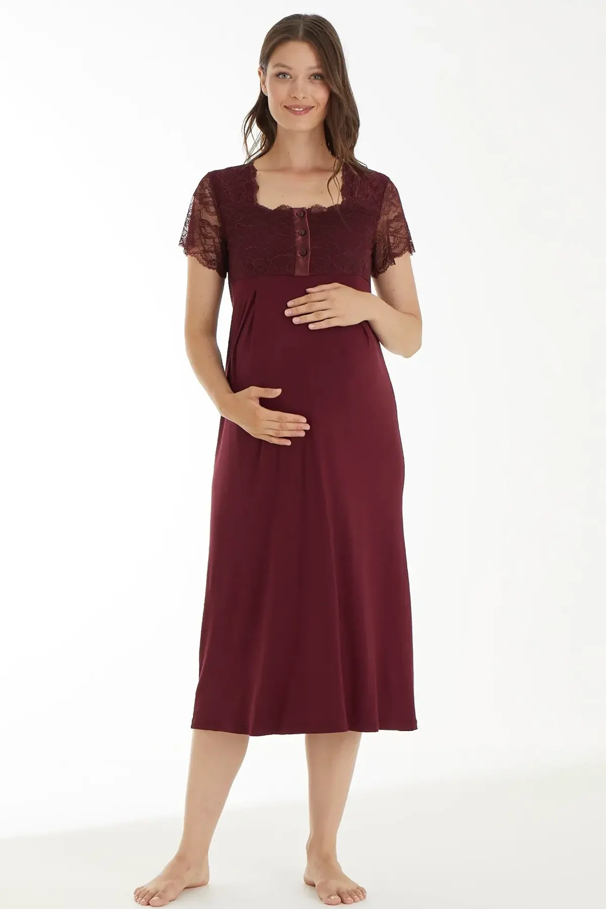 Lace Sleeve Maternity & Nursing Nightgown With Robe Claret Red - 4520