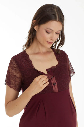 Lace Sleeve Maternity & Nursing Nightgown With Robe Claret Red - 4520