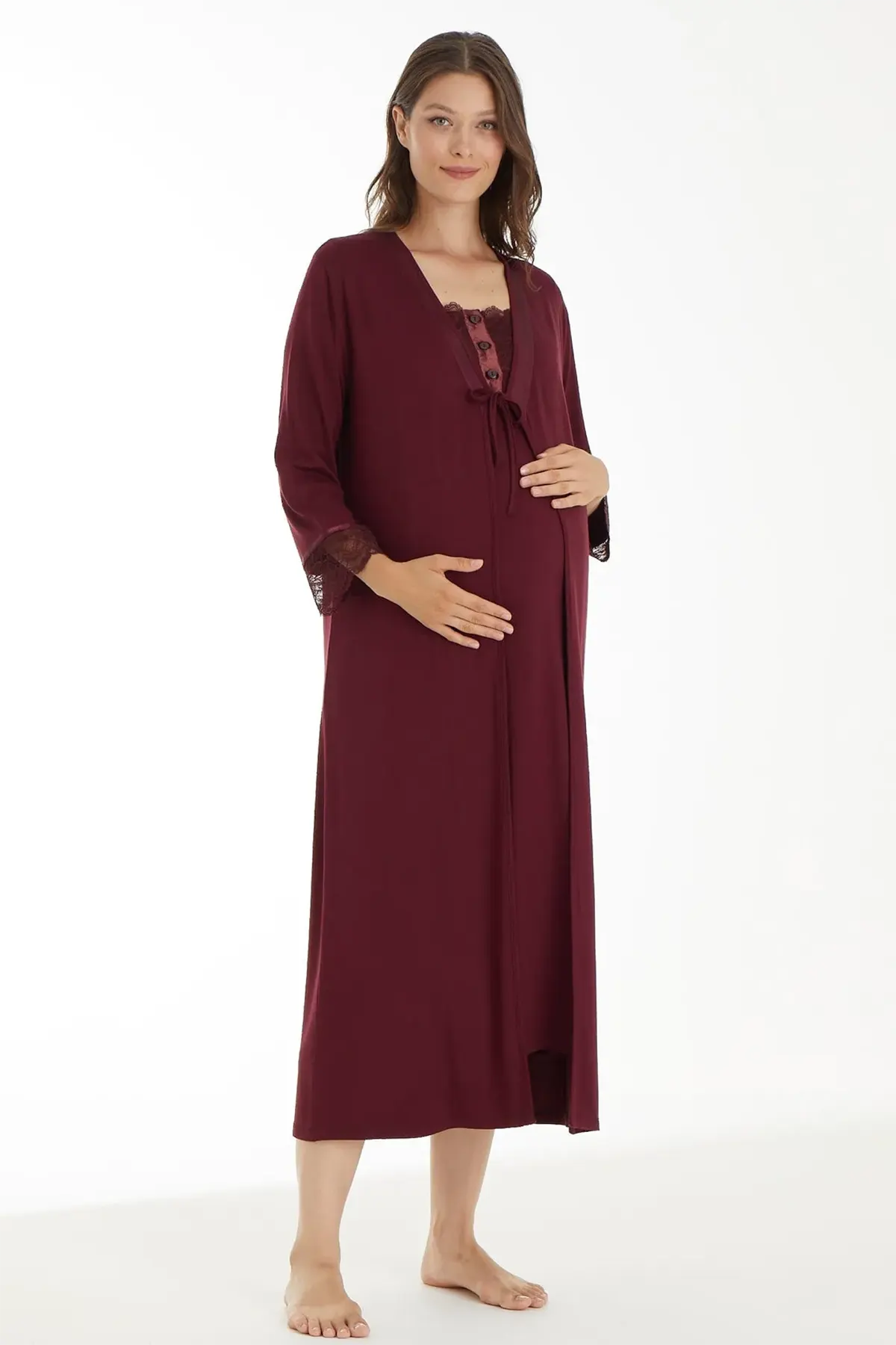 Lace Sleeve Maternity & Nursing Nightgown With Robe Claret Red - 4520