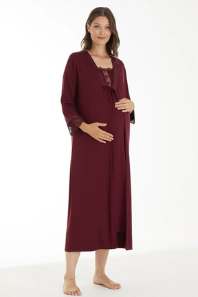 Lace Sleeve Maternity & Nursing Nightgown With Robe Claret Red - 4520