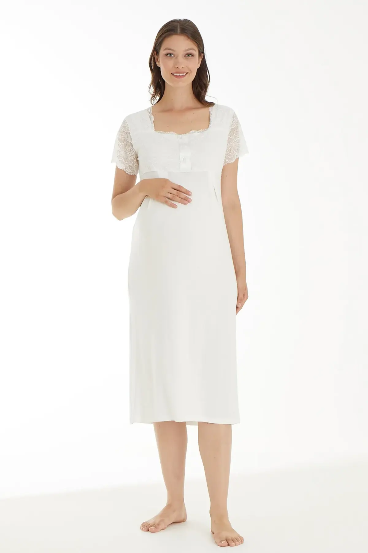 Lace Sleeve Maternity & Nursing Nightgown With Robe Ecru - 4520