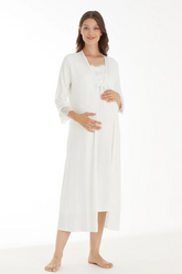 Lace Sleeve Maternity & Nursing Nightgown With Robe Ecru - 4520