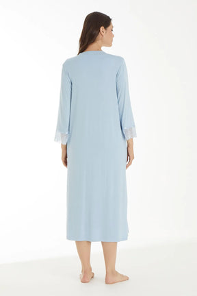 Lace Sleeve Maternity & Nursing Nightgown With Robe Blue - 4520