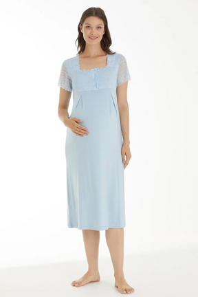 Lace Sleeve Maternity & Nursing Nightgown With Robe Blue - 4520