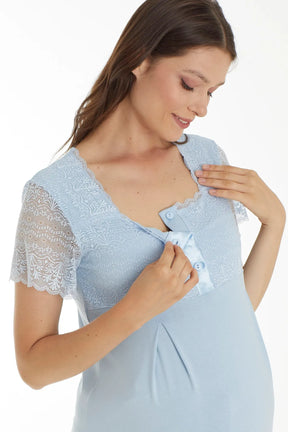 Lace Sleeve Maternity & Nursing Nightgown With Robe Blue - 4520