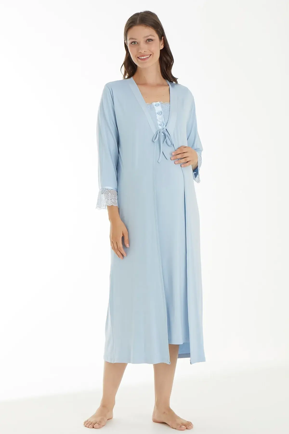 Lace Sleeve Maternity & Nursing Nightgown With Robe Blue - 4520