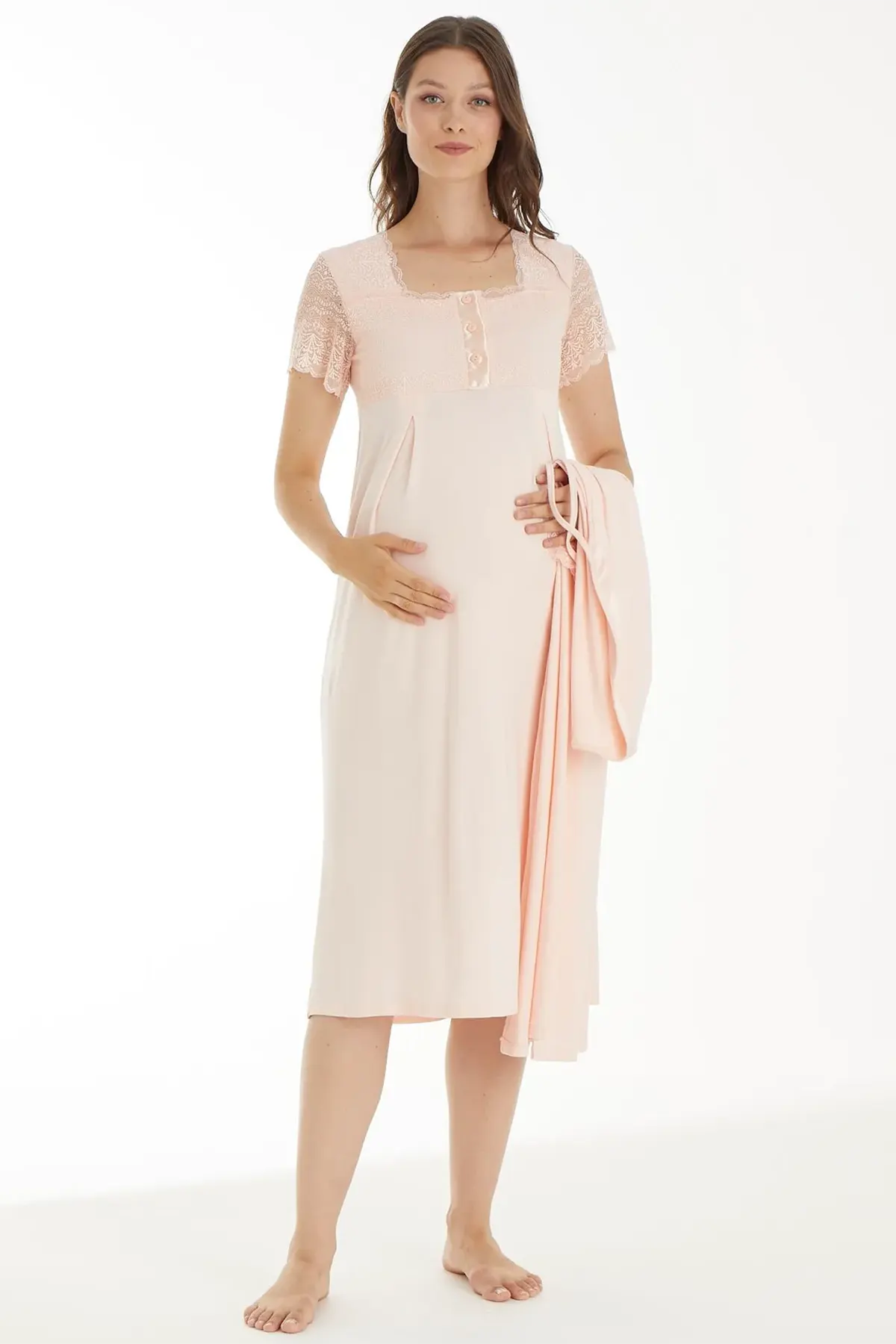 Lace Sleeve Maternity & Nursing Nightgown With Robe Salmon - 4520