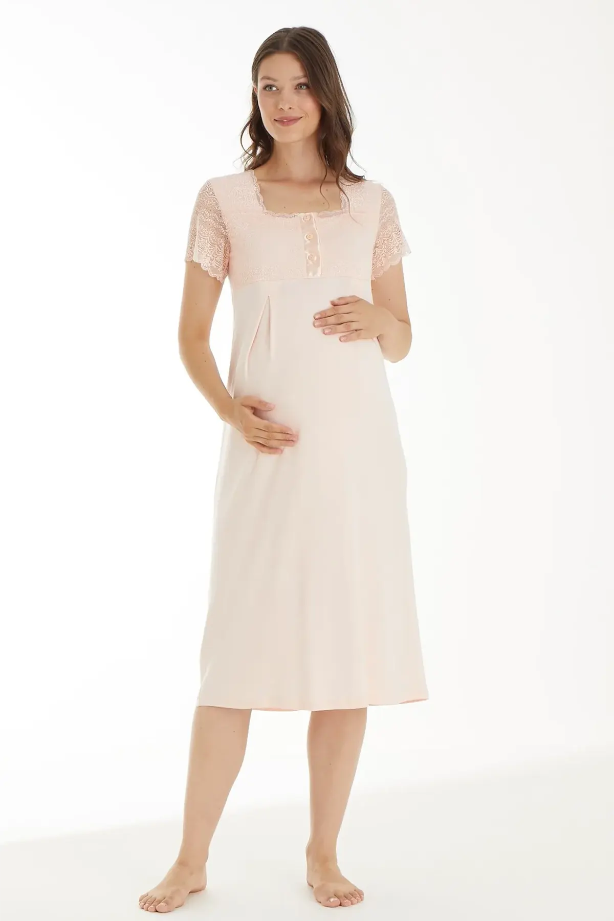 Lace Sleeve Maternity & Nursing Nightgown With Robe Salmon - 4520