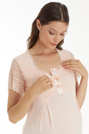 Lace Sleeve Maternity & Nursing Nightgown With Robe Salmon - 4520