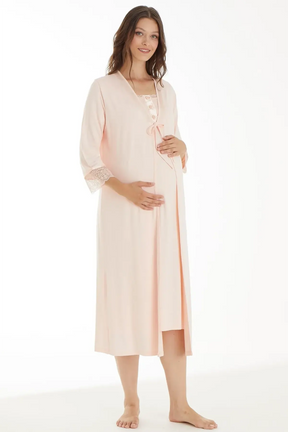 Lace Sleeve Maternity & Nursing Nightgown With Robe Salmon - 4520