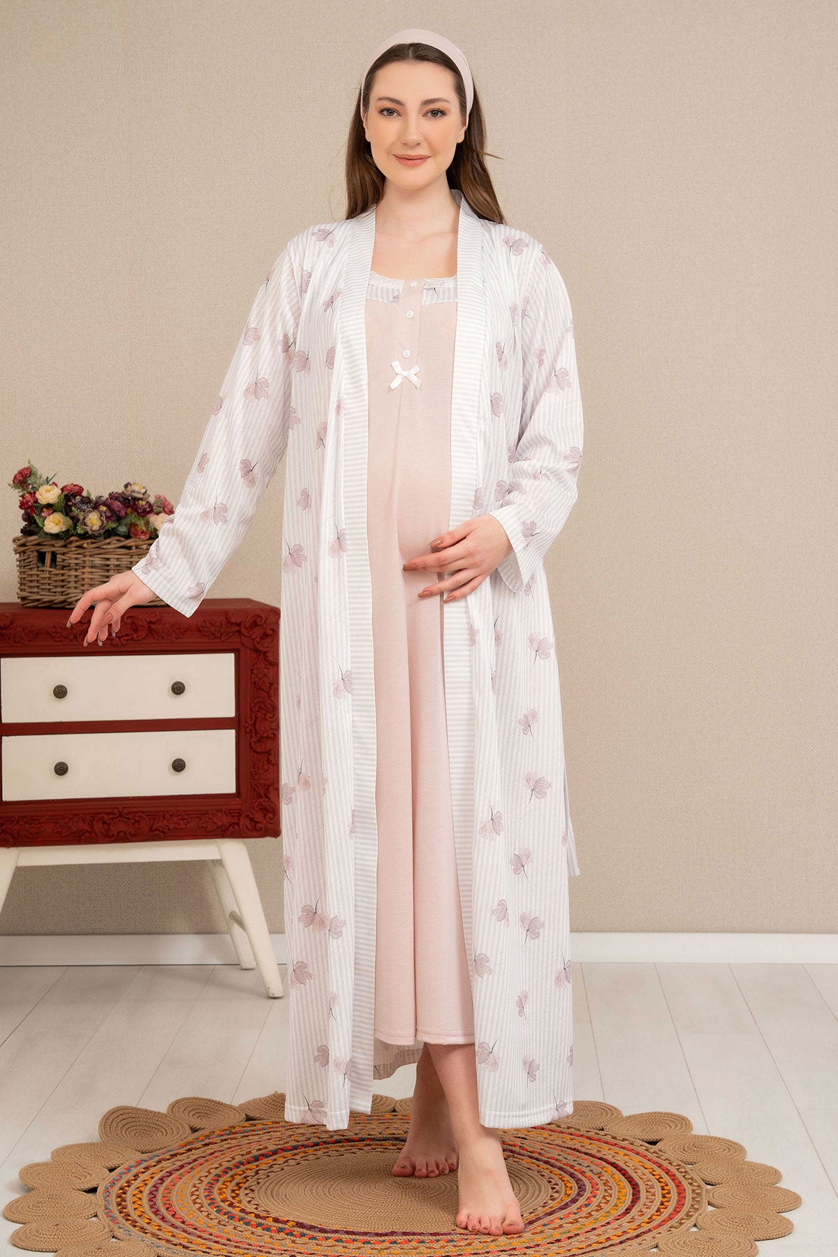 Strap Maternity & Nursing Nightgown With Flower Pattern Robe Dried Rose - 4522