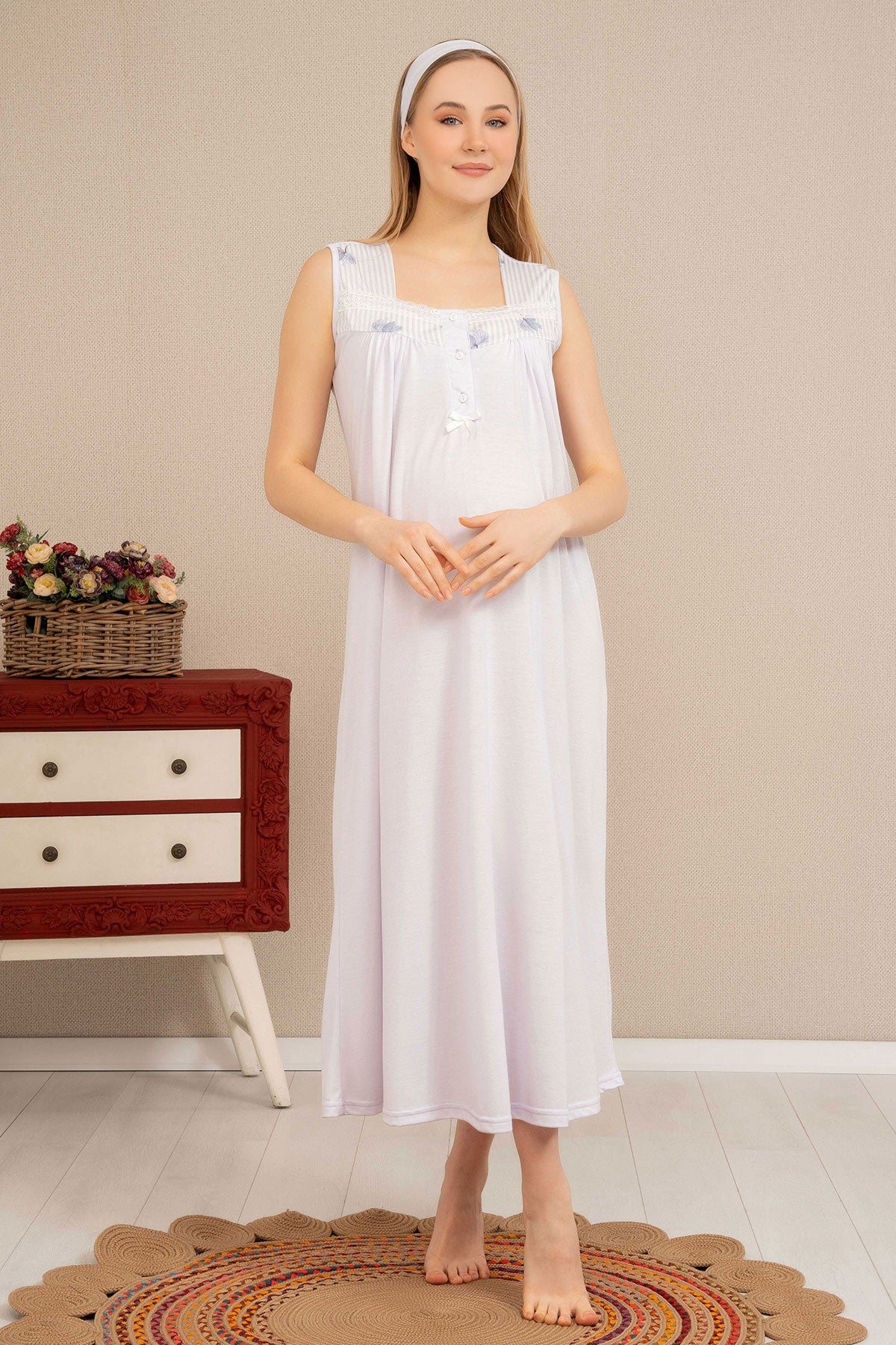 Strap Maternity & Nursing Nightgown With Flower Pattern Robe Lilac - 4522