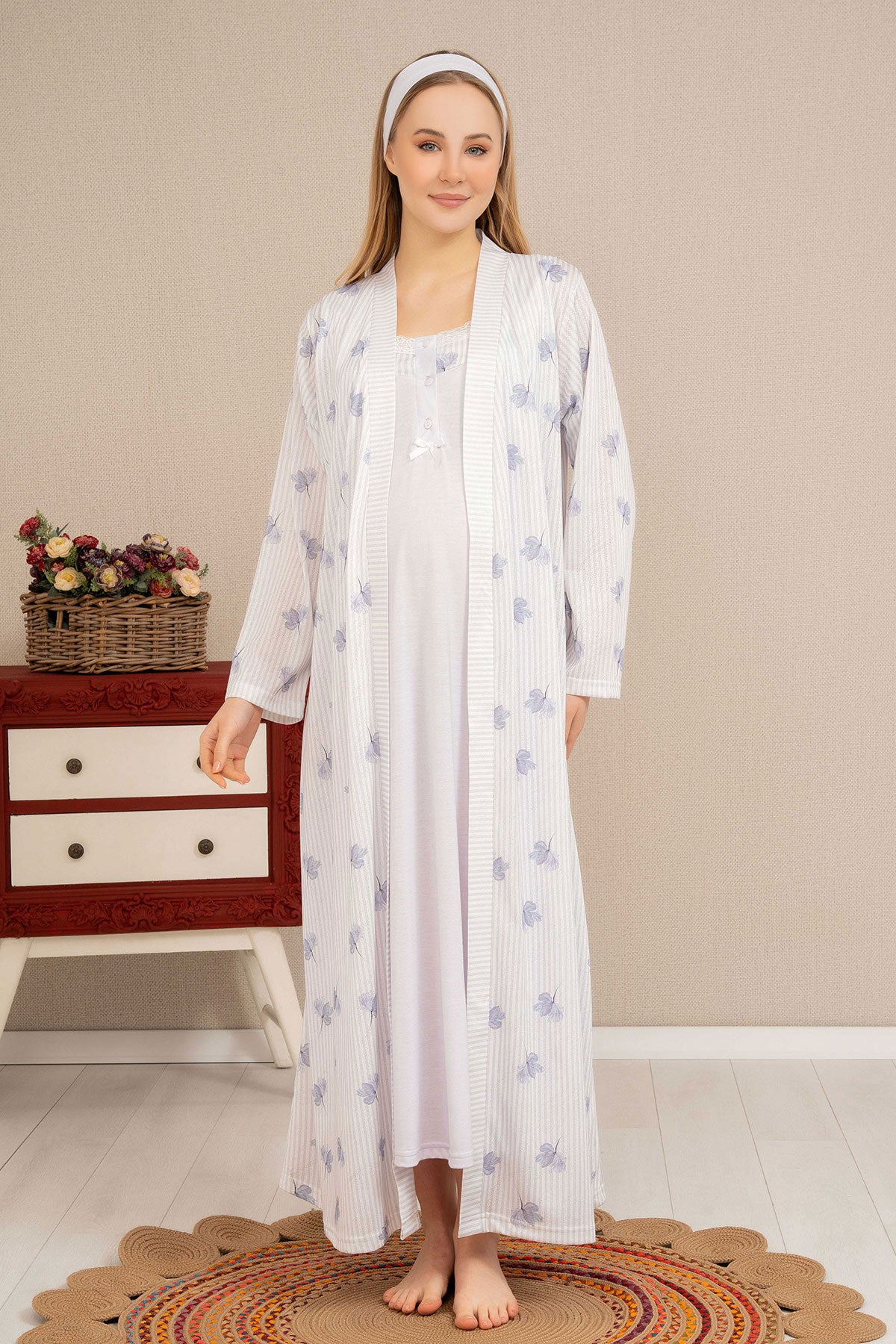 Strap Maternity & Nursing Nightgown With Flower Pattern Robe Lilac - 4522