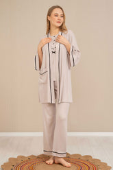 Strap 3-Pieces Maternity & Nursing Pajamas With Stripe Robe Beige - 4524