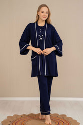 Strap 3-Pieces Maternity & Nursing Pajamas With Stripe Robe Navy Blue - 4524