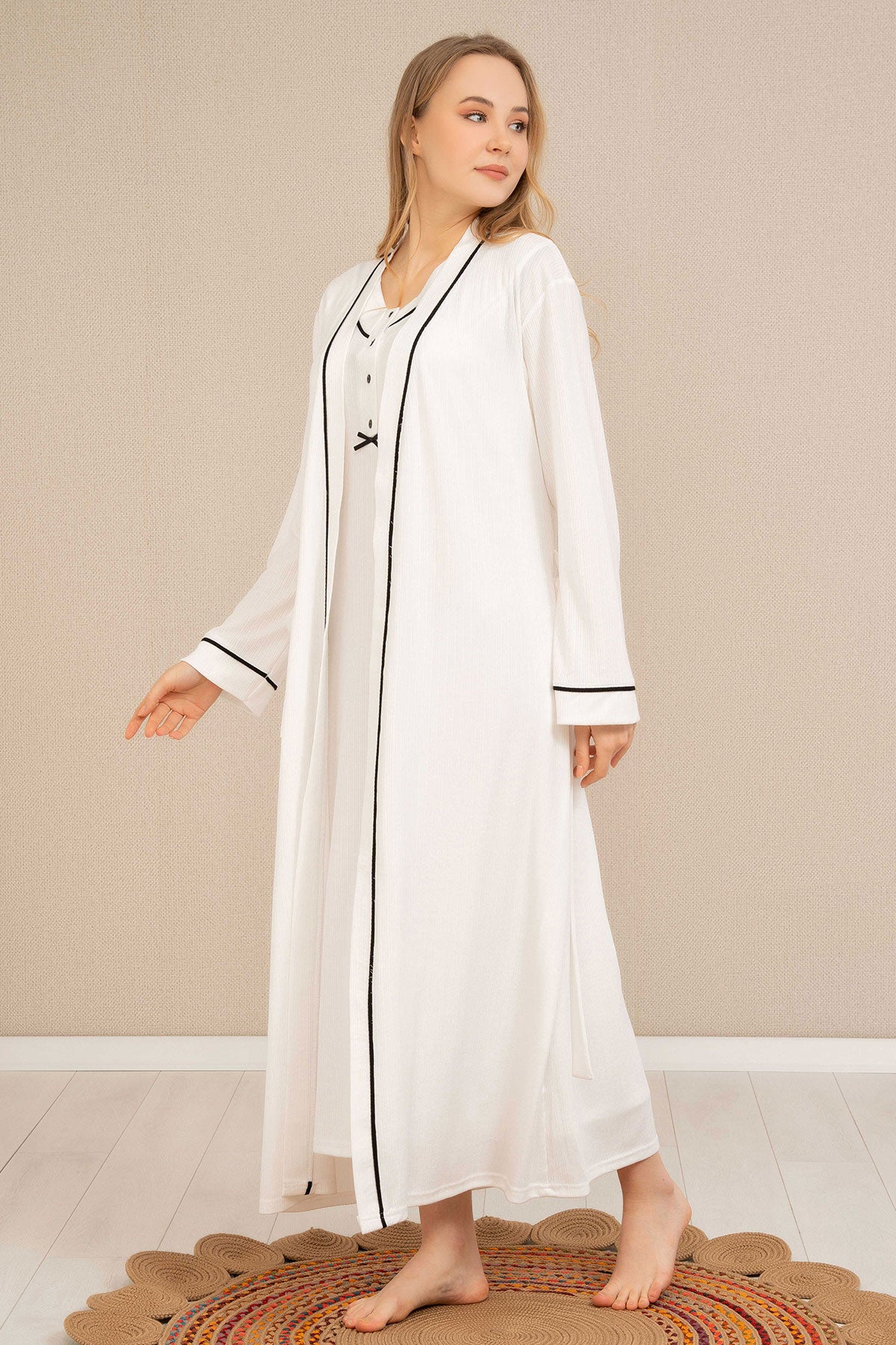 Strap Maternity & Nursing Nightgown Stripe Robe Ecru - 4525