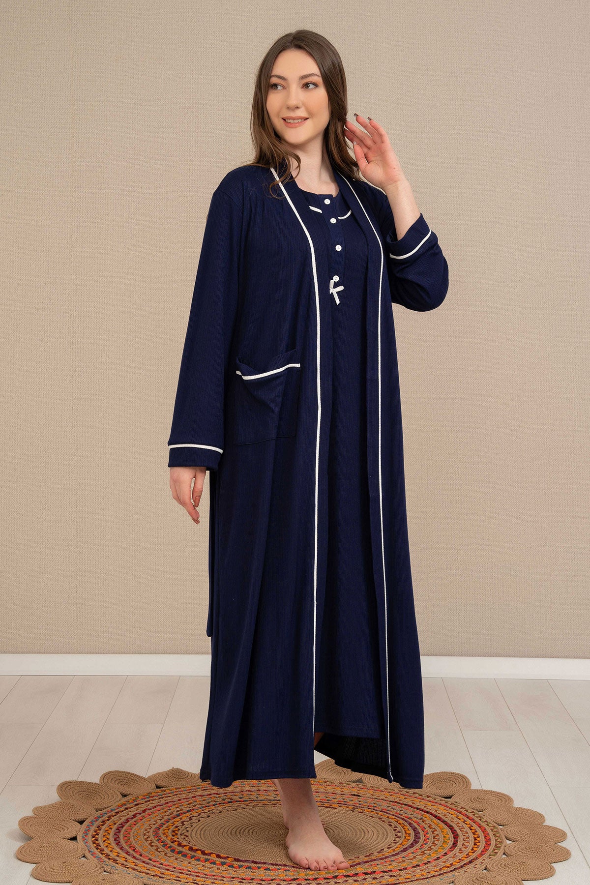 Strap Maternity & Nursing Nightgown Stripe Robe Navy Blue - 4525