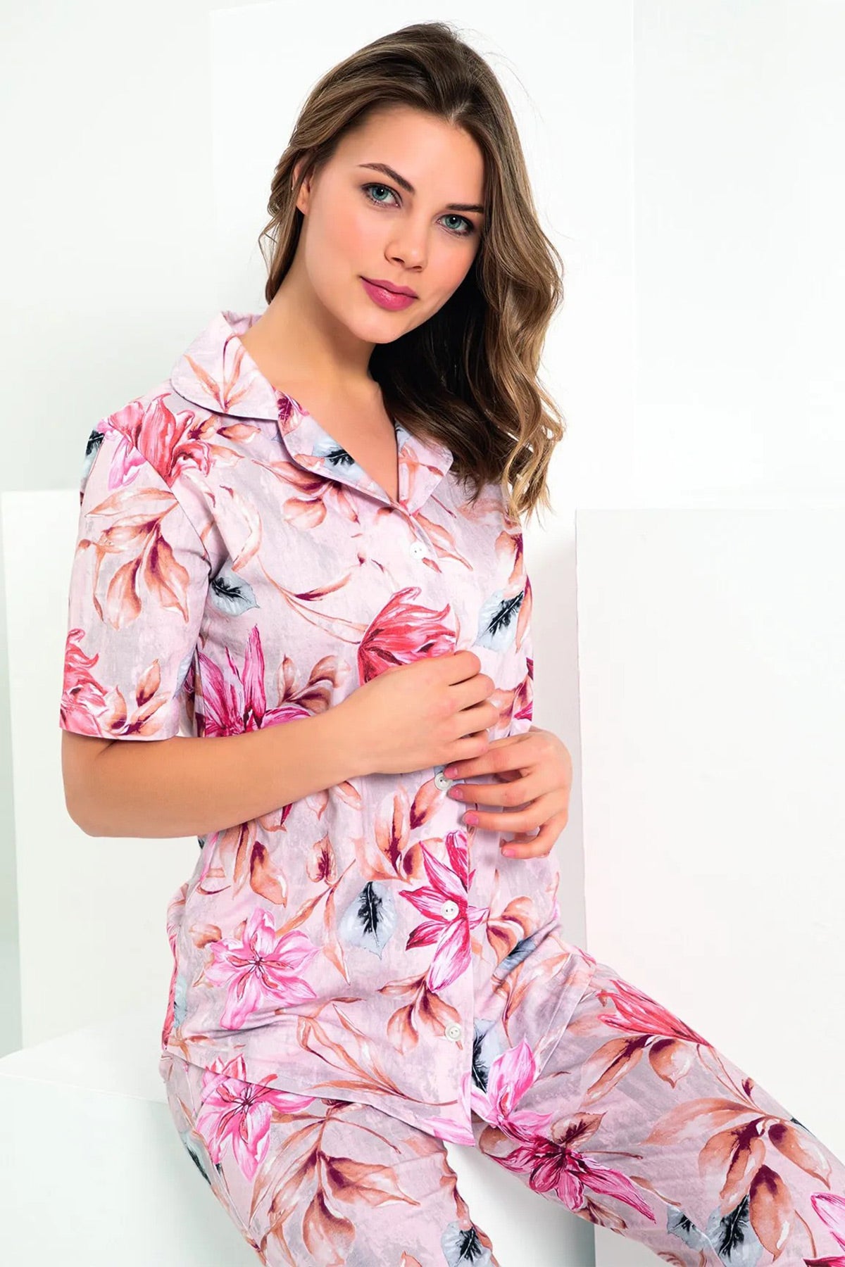 Flower Patterned Maternity & Nursing Pajamas Patterned - 4634