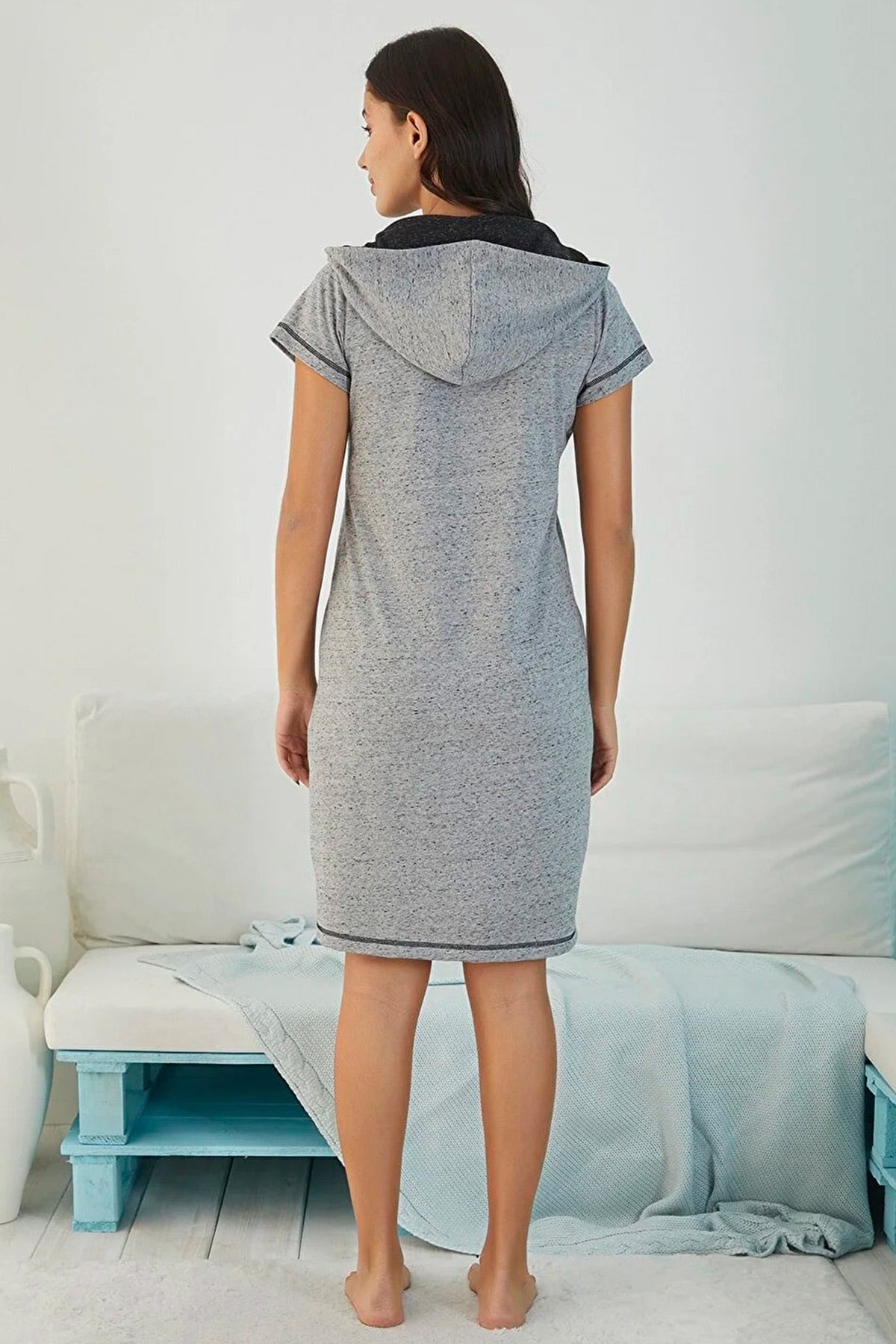Hooded Melange Women's Nightgown Grey - 4809
