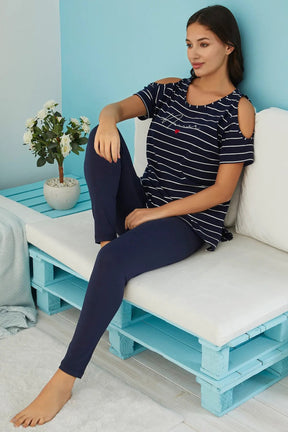 Cold Shoulder Women's Tight and Tunic Set Navy Blue - 4820