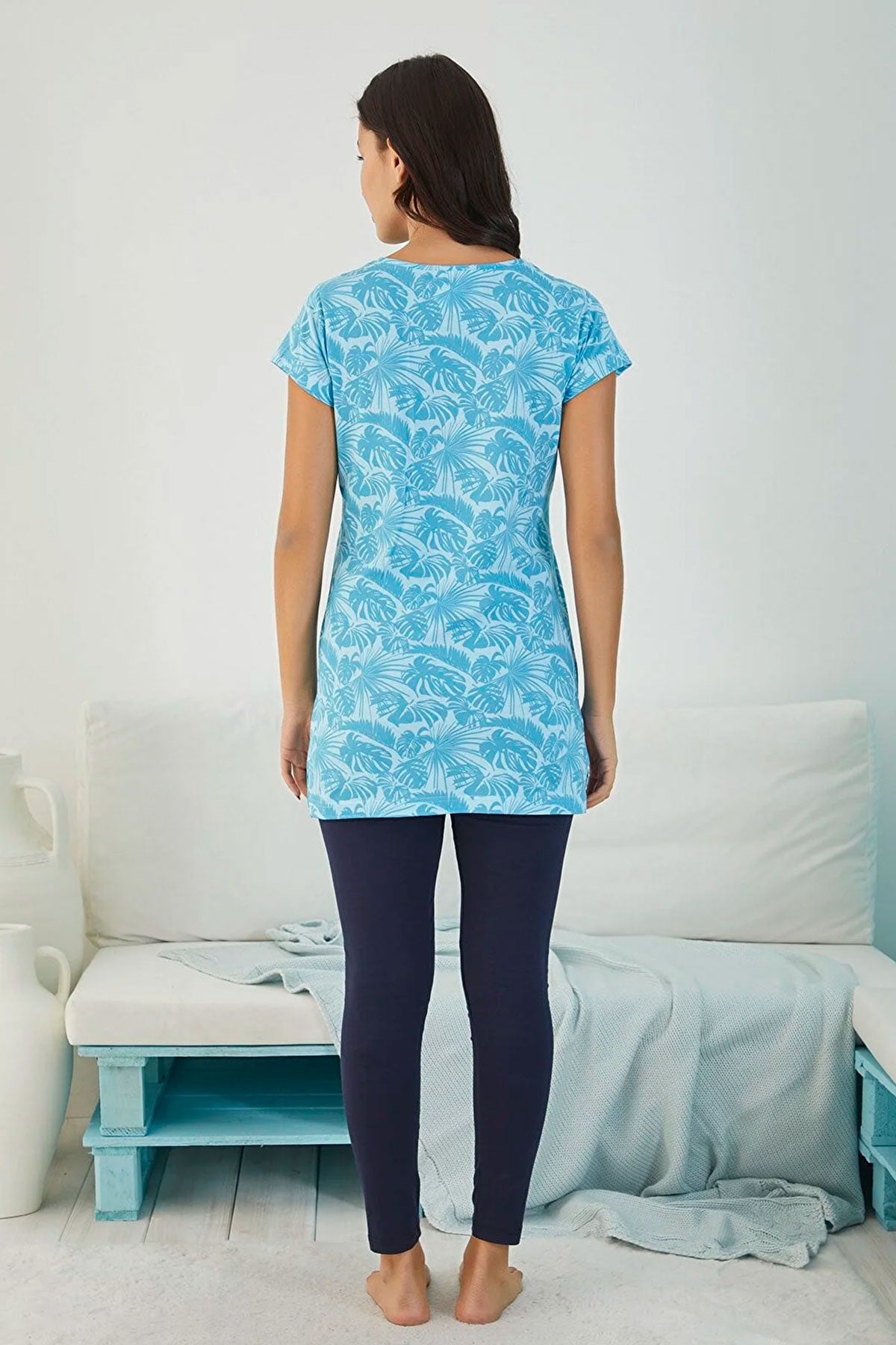 Leaf Pattern Women's Tight and Tunic Set Blue - 4828