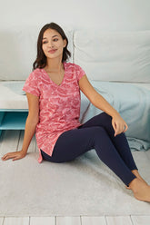 Leaf Pattern Women's Tight and Tunic Set Pink - 4828