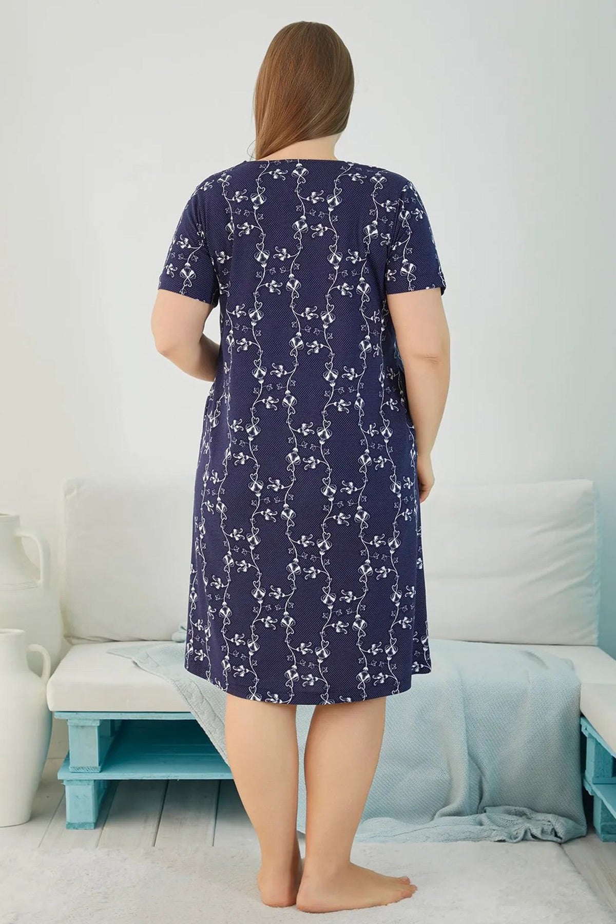 Patterned Plus Size Women's Dress Navy Blue - 4830