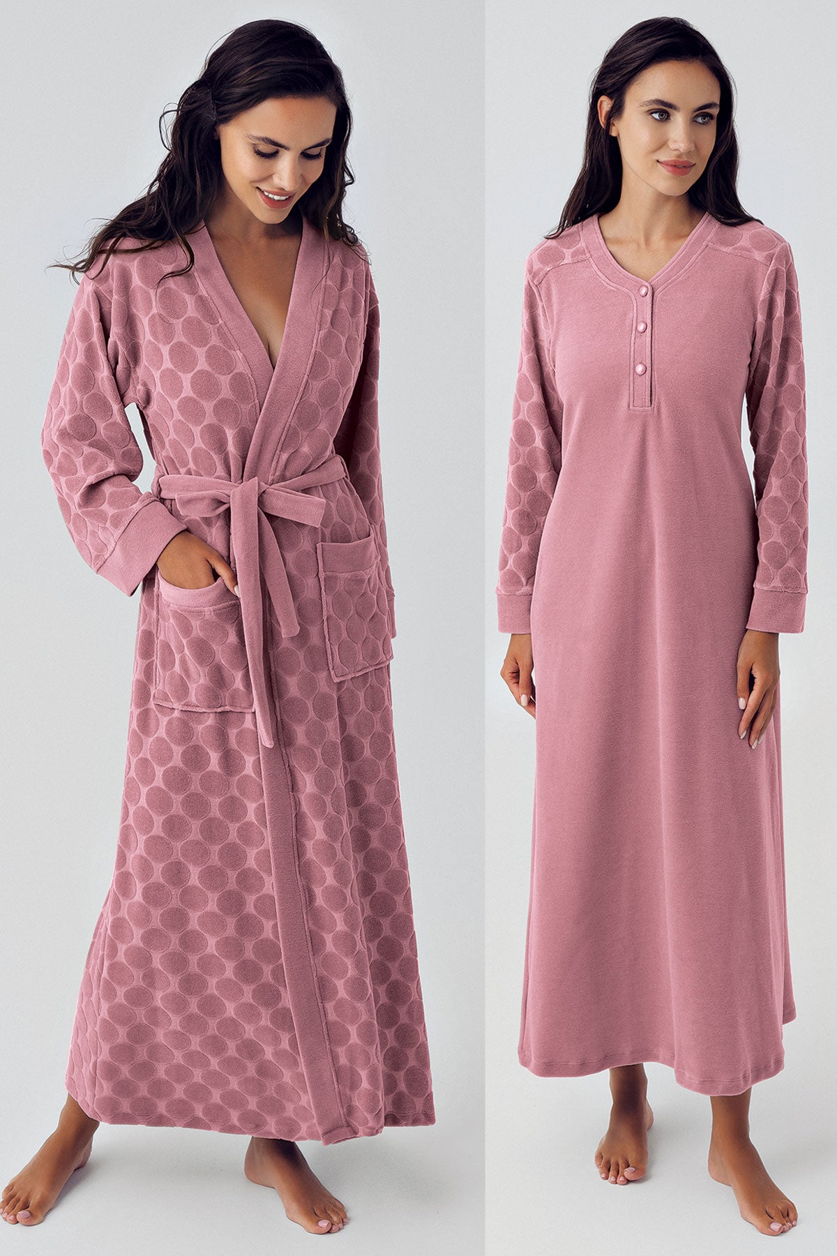 Terry Jacquard Maternity & Nursing Nightgown With Robe Dried Rose - 500101