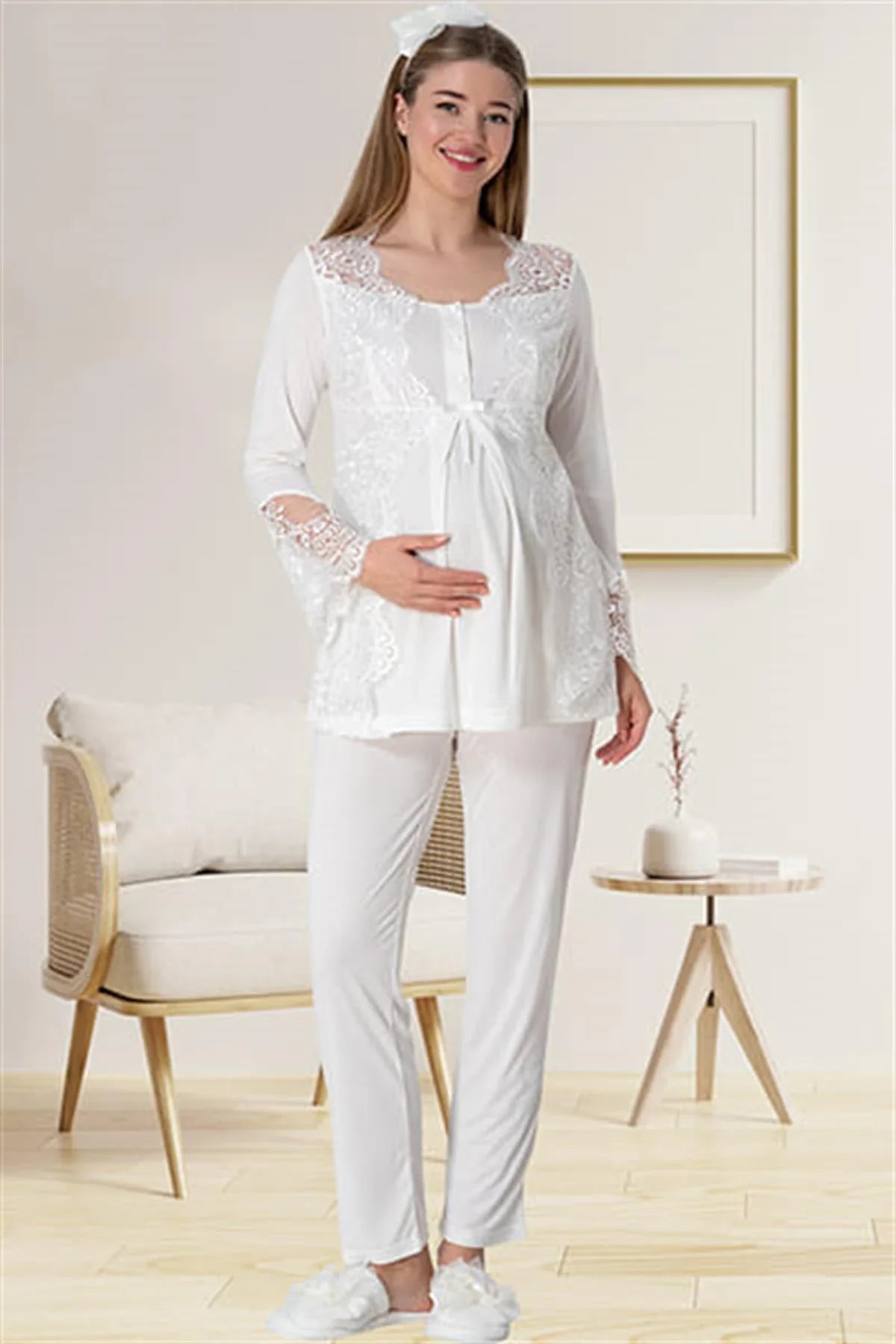 Lace Collar Maternity & Nursing Pajamas Ecru - 5015