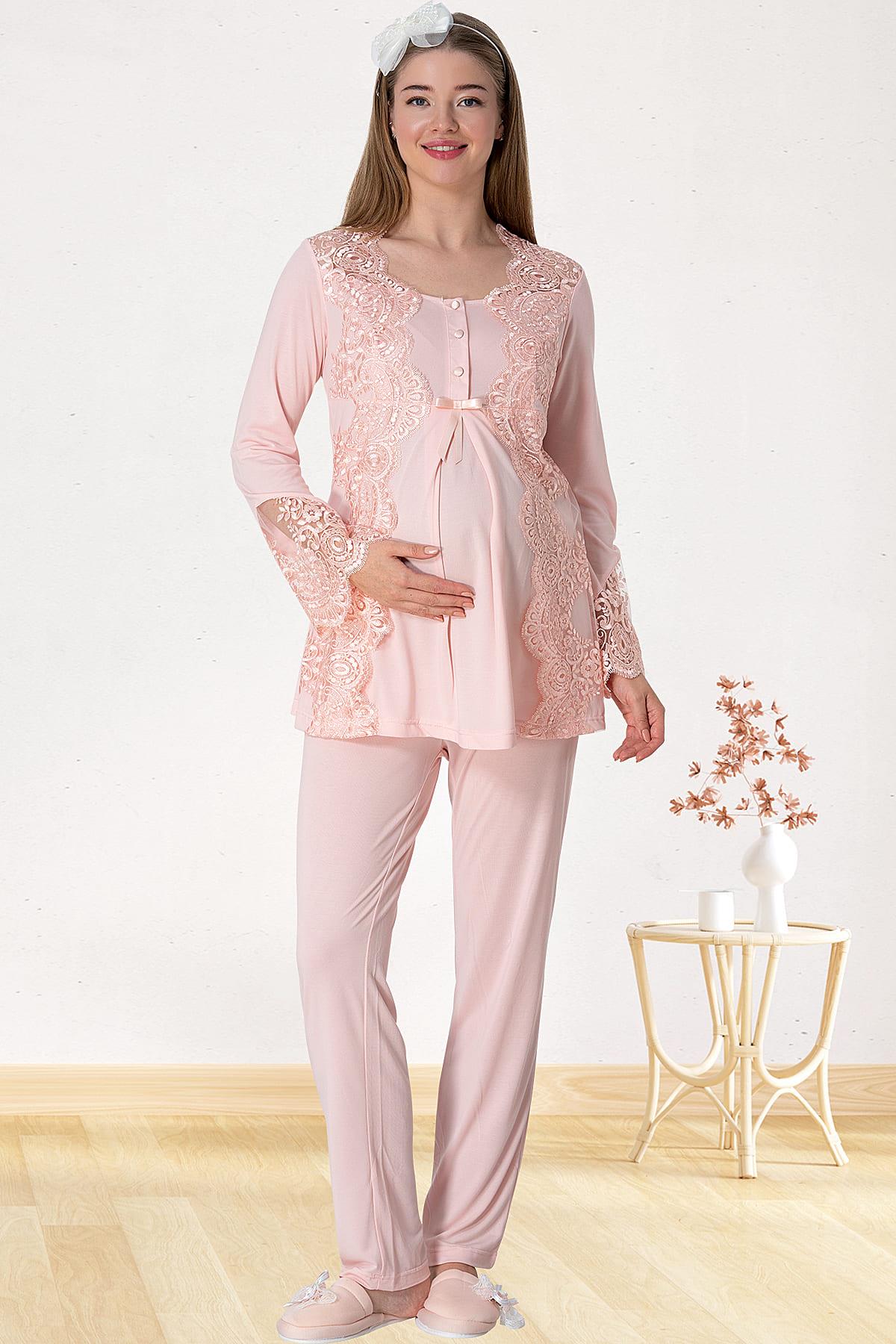 Lace Collar Maternity & Nursing Pajamas Powder - 5015