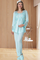 Lace Collar Maternity & Nursing Pajamas Turquoise - 5015