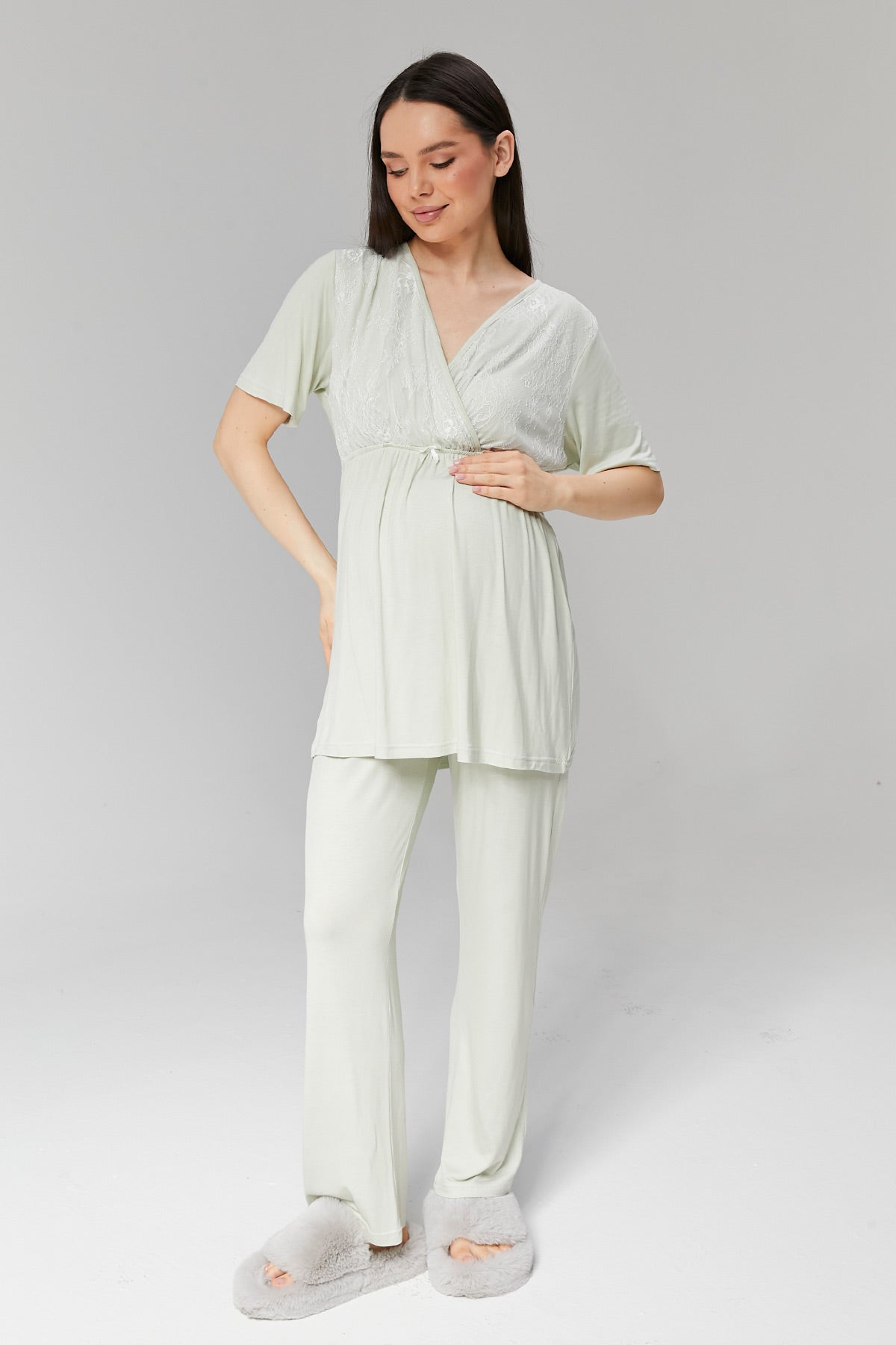 Double Breasted 3-Pieces Maternity & Nursing Pajamas With Robe Mint - 502