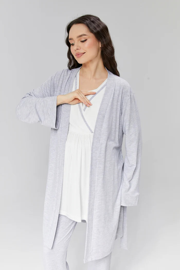Bias Double Breasted 3-Pieces Maternity & Nursing Pajamas With Robe Ecru - 503